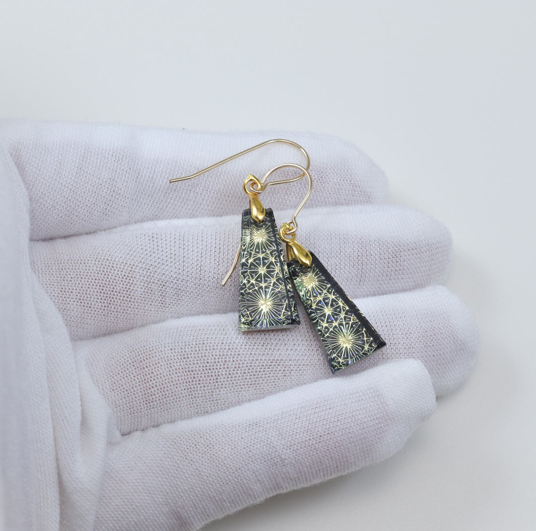 Kaleidoscope Crystal Earrings Electric Golden Yellow  Engraved  Rectangular Drops  14k Solid Gold or Filled or Sterling Silver  1.5 Inches