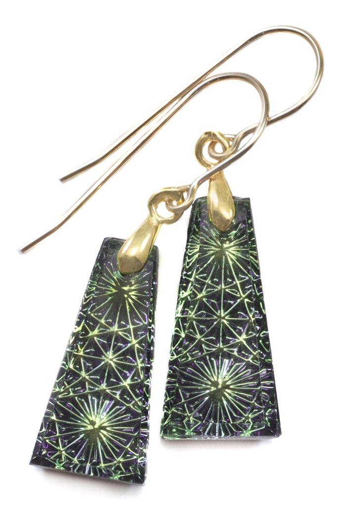 Kaleidoscope Crystal Earrings Electric Golden Yellow  Engraved  Rectangular Drops  14k Solid Gold or Filled or Sterling Silver  1.5 Inches