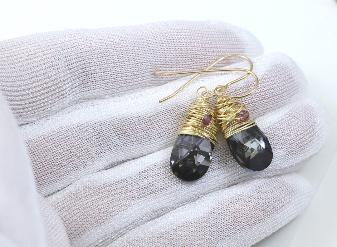 Spyglass Designs Wire Wrapped Earrings created with Silvery Black Crystals from Swarovski ® 14k Solid Gold or Sterling Silver Dangles 