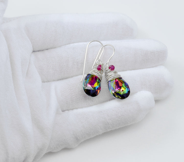 Spyglass Designs Wire Wrap Earrings created with Multi Rainbow Color Dark Crystals from Swarovski ® 14k Solid Gold or Sterling Silver Dangle