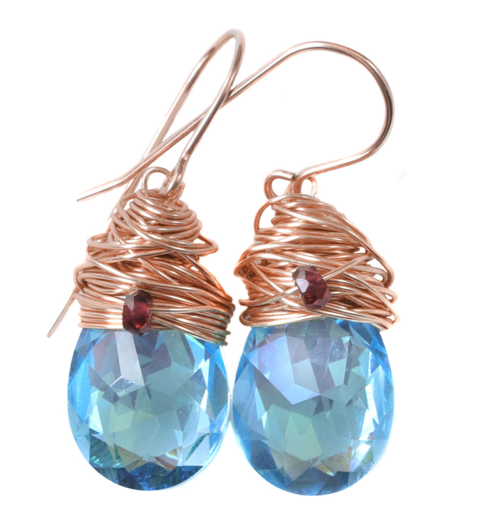 Spyglass Designs Wire Wrapped Earrings created with Aqua Aquamarine Blue Crystals from Swarovski ® 14k Solid Gold or Sterling Silver Dangles