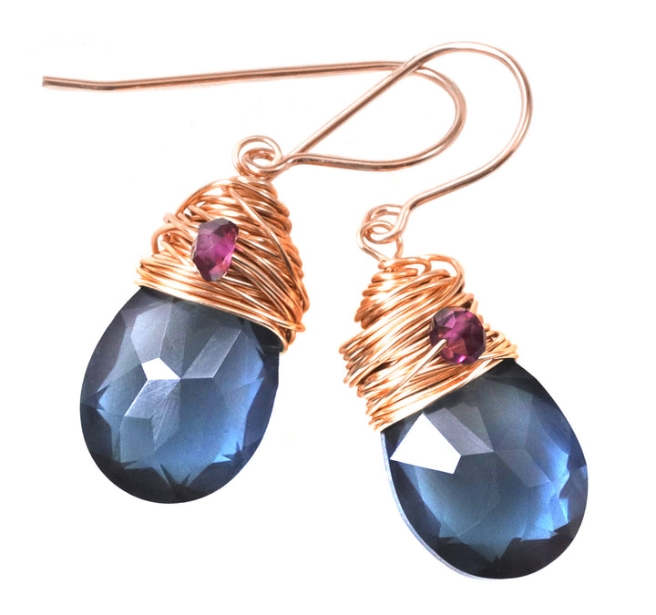 Spyglass Designs Wire Wrapped Earrings created with London Blue Sapphire Crystals from Swarovski ® 14k Solid Gold or Sterling Silver Dangles