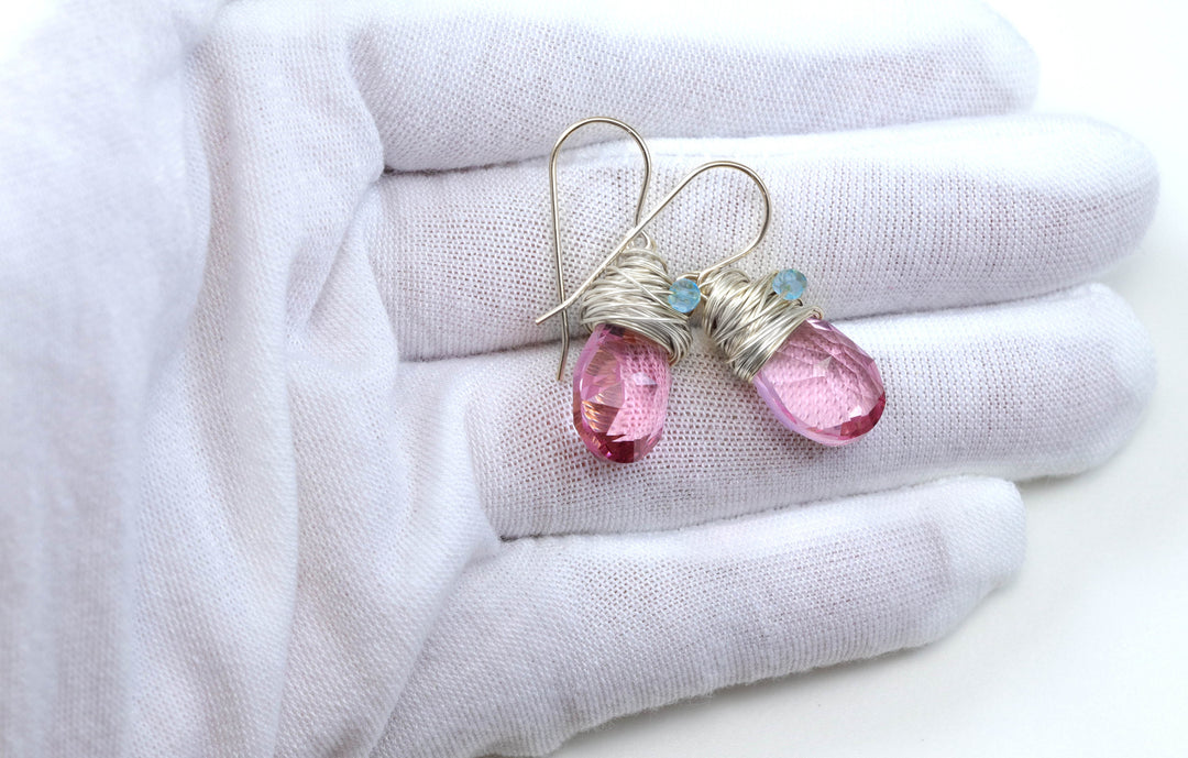 Spyglass Designs Wire Wrapped Earrings created with Pink Sapphire Crystals from Swarovski ® 14k Solid Gold or Sterling Silver Dangles Drops
