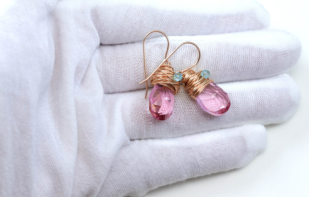 Spyglass Designs Wire Wrapped Earrings created with Pink Sapphire Crystals from Swarovski ® 14k Solid Gold or Sterling Silver Dangles Drops