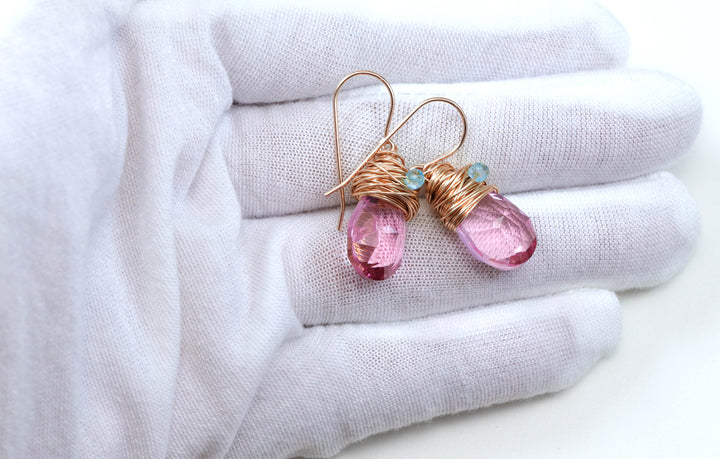 Spyglass Designs Wire Wrapped Earrings created with Pink Sapphire Crystals from Swarovski ® 14k Solid Gold or Sterling Silver Dangles Drops