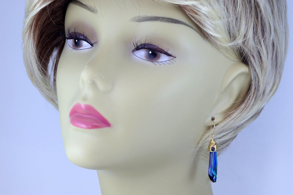 Spyglass Designs Wire Wrap Earrings created with Bermuda Blue Sapphire Crystals from Swarovski ® 14k Solid Gold or Sterling Silver Dangle 2 