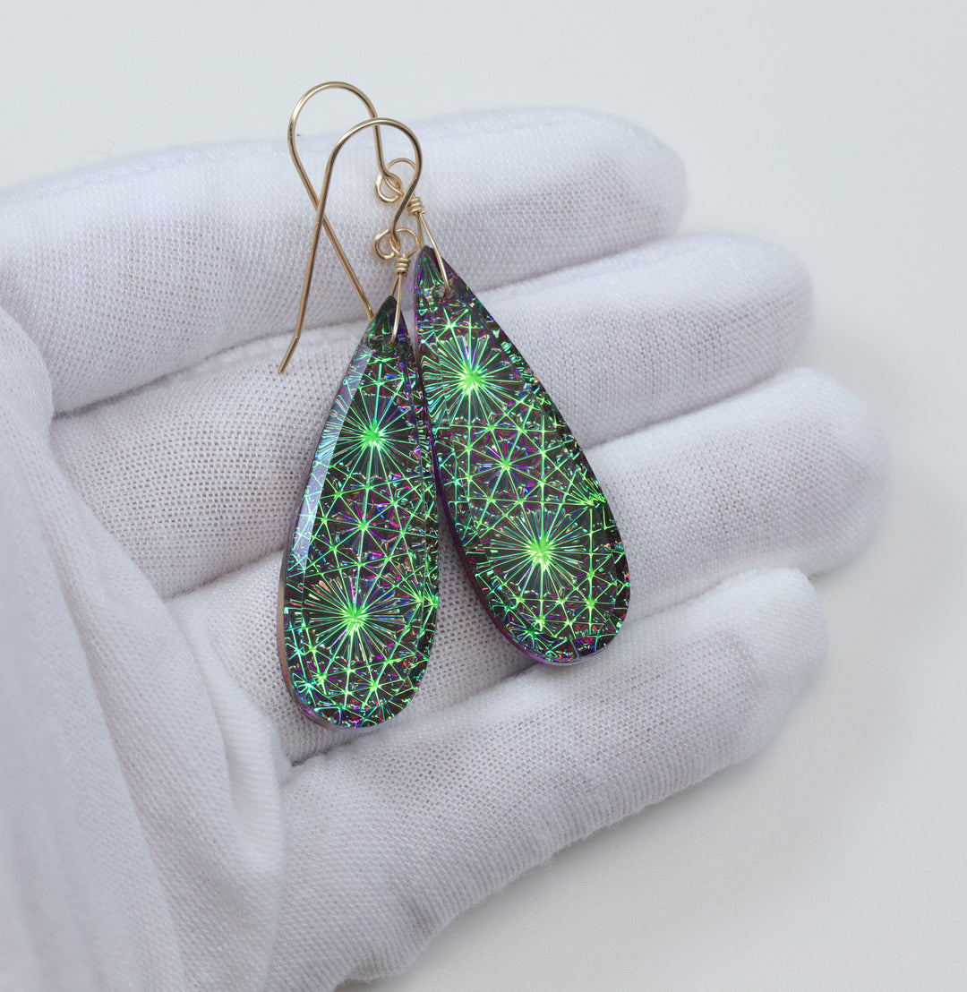 Kaleidoscope Crystal Earrings Electric Peacock Green and Purple Engraved Large Teardrops  14k Solid Gold or Filled or Sterling Silver  2.3 &quot;