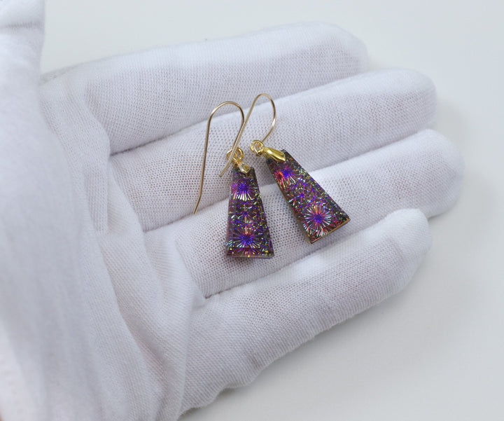 Kaleidoscope Crystal Earrings Electric Peacock Purple Engraved  Rectangular Drops  14k Solid Gold or Filled or Sterling Silver  1.5 Inches