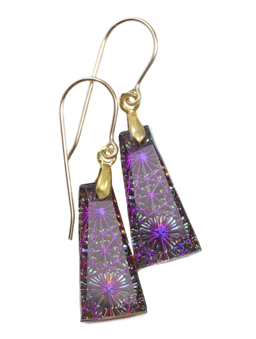 Kaleidoscope Crystal Earrings Electric Peacock Purple Engraved  Rectangular Drops  14k Solid Gold or Filled or Sterling Silver  1.5 Inches