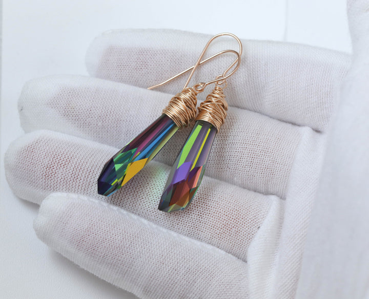 Spyglass Designs Wire Wrapped Earrings created with Vitrail Multi Rainbow Crystals from Swarovski ® 14k Solid Gold Sterling Silver 2 In