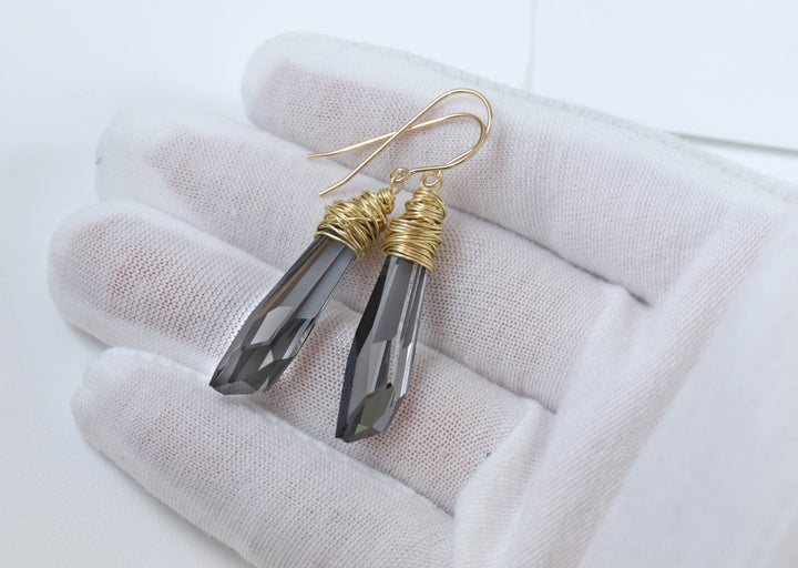 Spyglass Designs Wire Wrap Earrings created with Silvery Black Crystals from Swarovski ® 14k Solid Gold or Sterling Silver Dangle Drops 2 in