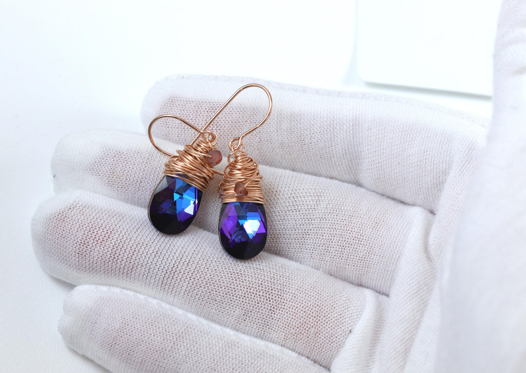 Spyglass Designs Wire Wrap Earrings created with Heliotrope Blue Sapphire Crystal from Swarovski ® 14k Solid Gold or Sterling Silver Dangle