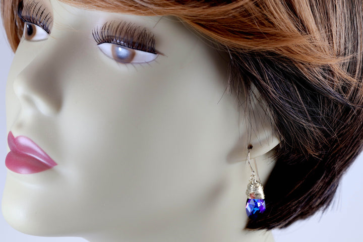 Spyglass Designs Wire Wrap Earrings created with Heliotrope Blue Sapphire Crystal from Swarovski ® 14k Solid Gold or Sterling Silver Dangle