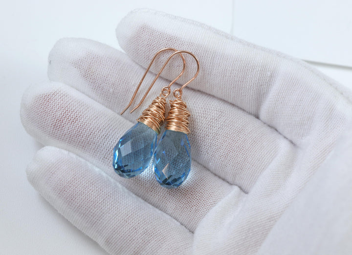Spyglass Designs Wire Wrap Earrings created with Aqua Aquamarine Blue Crystals from Swarovski ® 14k Solid Gold or Sterling Silver Lg Dangles