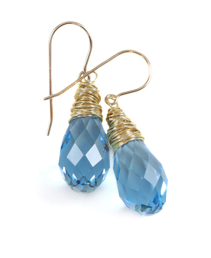 Spyglass Designs Wire Wrap Earrings created with Aqua Aquamarine Blue Crystals from Swarovski ® 14k Solid Gold or Sterling Silver Lg Dangles