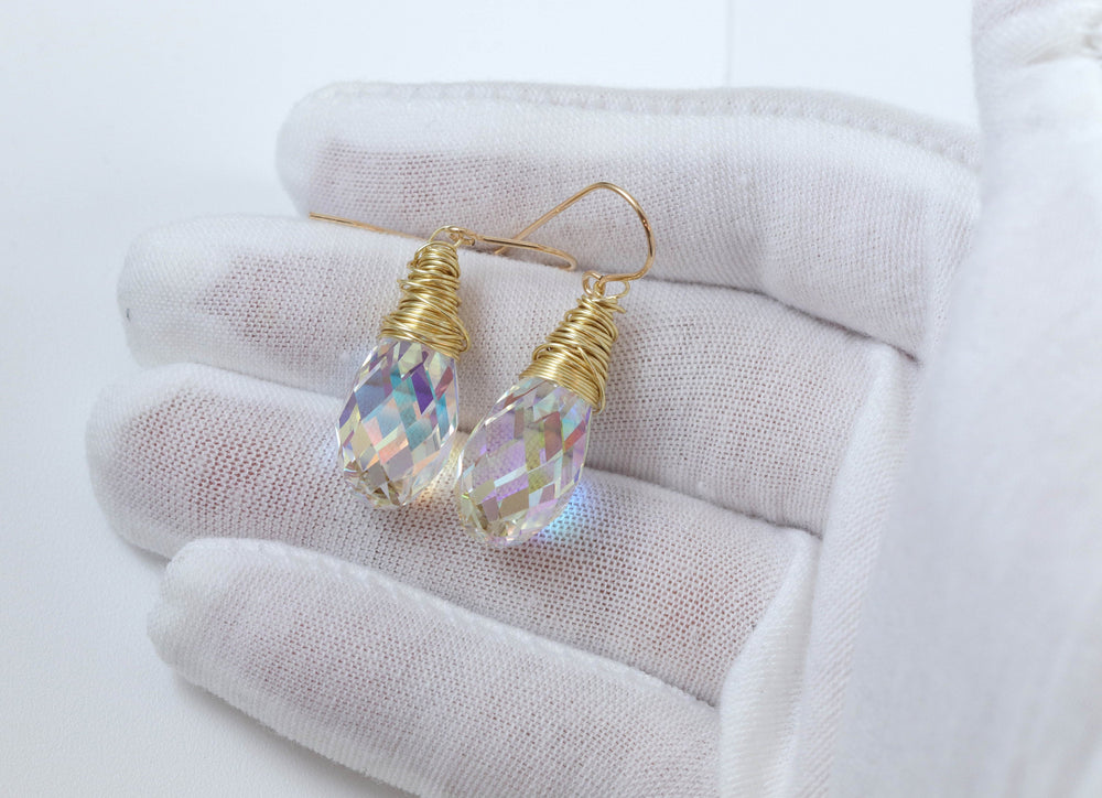 Spyglass Designs Wire Wrap Earrings created with Clear AB Crystals from Swarovski ® 14k Solid Gold or Sterling Silver Lg Briolette Dangles