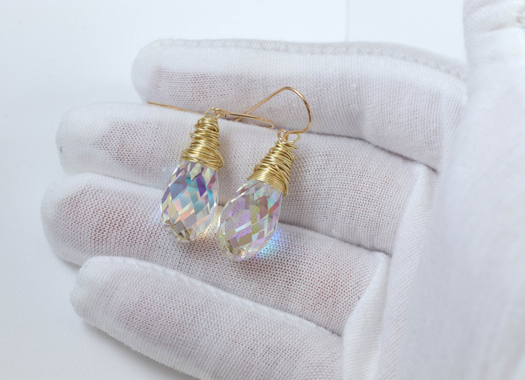 Spyglass Designs Wire Wrap Earrings created with Clear AB Crystals from Swarovski ® 14k Solid Gold or Sterling Silver Lg Briolette Dangles