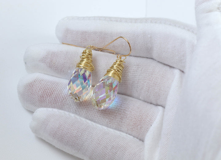 Spyglass Designs Wire Wrap Earrings created with Clear AB Crystals from Swarovski ® 14k Solid Gold or Sterling Silver Lg Briolette Dangles