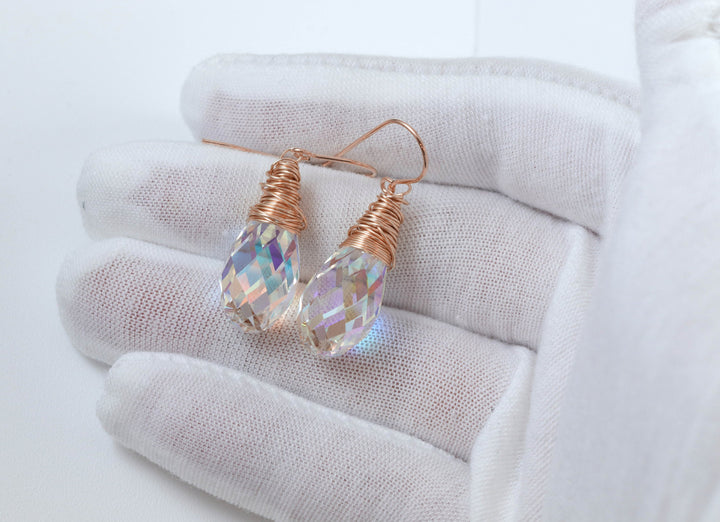 Spyglass Designs Wire Wrap Earrings created with Clear AB Crystals from Swarovski ® 14k Solid Gold or Sterling Silver Lg Briolette Dangles