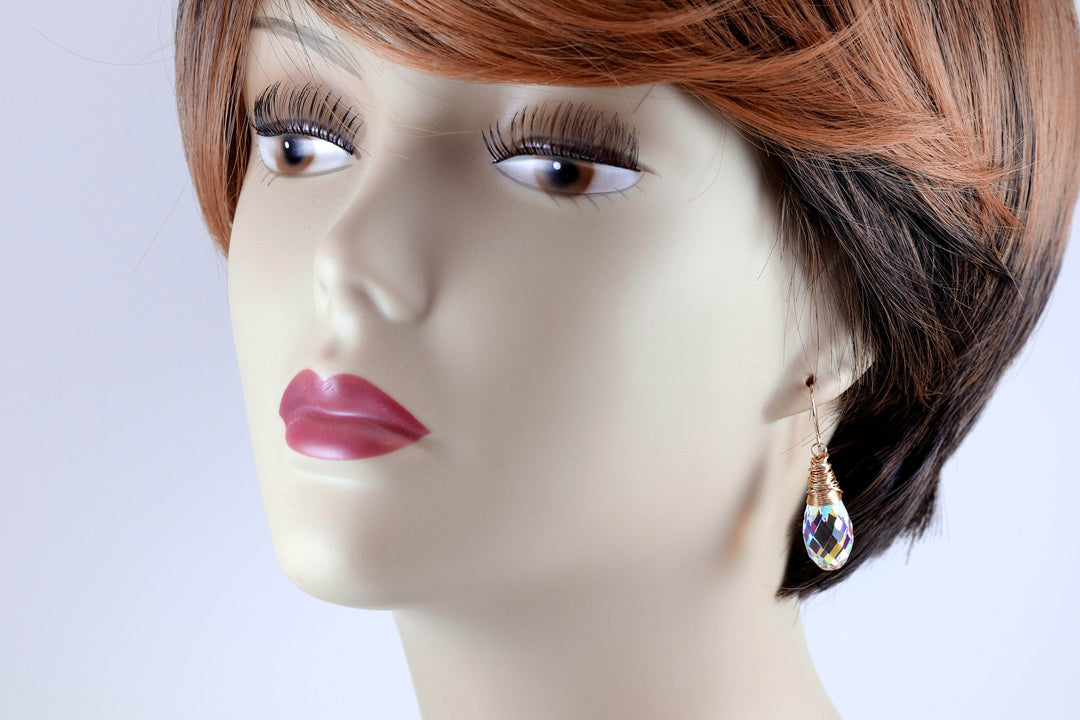 Spyglass Designs Wire Wrap Earrings created with Clear AB Crystals from Swarovski ® 14k Solid Gold or Sterling Silver Lg Briolette Dangles