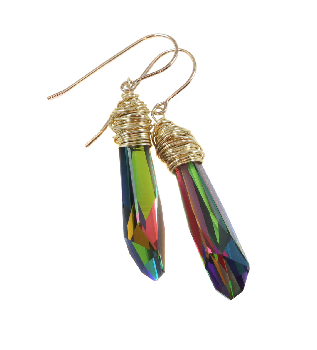Spyglass Designs Wire Wrapped Earrings created with Vitrail Multi Rainbow Crystals from Swarovski ® 14k Solid Gold Sterling Silver 2 In