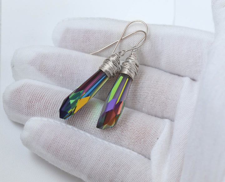 Spyglass Designs Wire Wrapped Earrings created with Vitrail Multi Rainbow Crystals from Swarovski ® 14k Solid Gold Sterling Silver 2 In