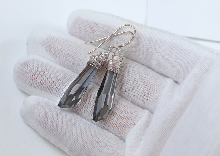 Spyglass Designs Wire Wrap Earrings created with Silvery Black Crystals from Swarovski ® 14k Solid Gold or Sterling Silver Dangle Drops 2 in