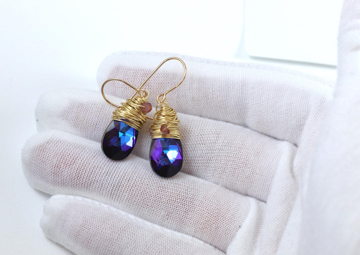 Spyglass Designs Wire Wrap Earrings created with Heliotrope Blue Sapphire Crystal from Swarovski ® 14k Solid Gold or Sterling Silver Dangle