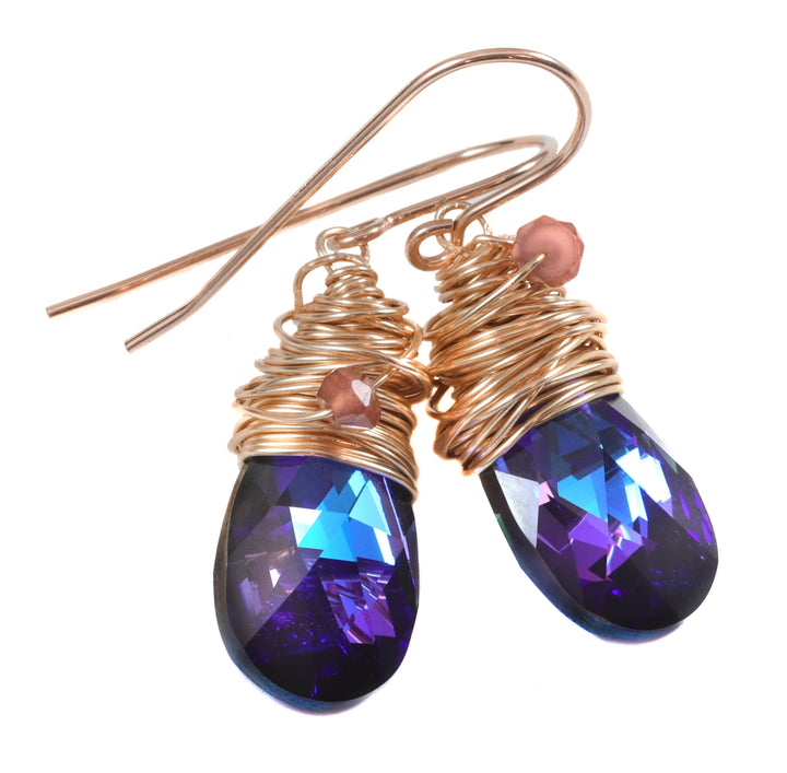 Spyglass Designs Wire Wrap Earrings created with Heliotrope Blue Sapphire Crystal from Swarovski ® 14k Solid Gold or Sterling Silver Dangle