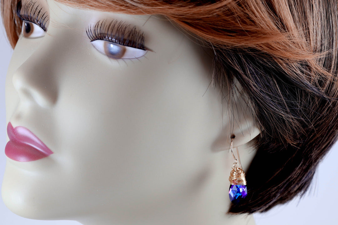 Spyglass Designs Wire Wrap Earrings created with Heliotrope Blue Sapphire Crystal from Swarovski ® 14k Solid Gold or Sterling Silver Dangle
