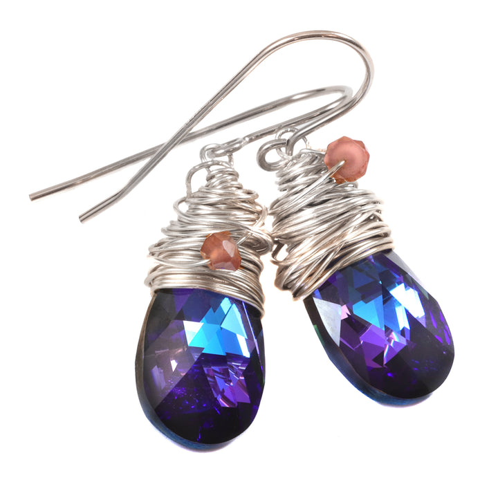 Spyglass Designs Wire Wrap Earrings created with Heliotrope Blue Sapphire Crystal from Swarovski ® 14k Solid Gold or Sterling Silver Dangle
