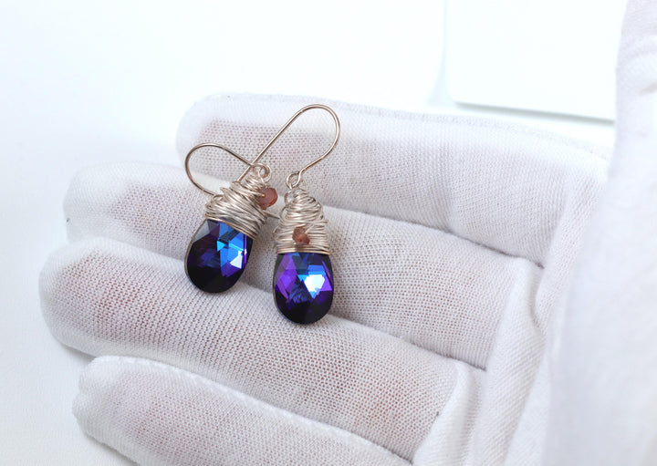Spyglass Designs Wire Wrap Earrings created with Heliotrope Blue Sapphire Crystal from Swarovski ® 14k Solid Gold or Sterling Silver Dangle