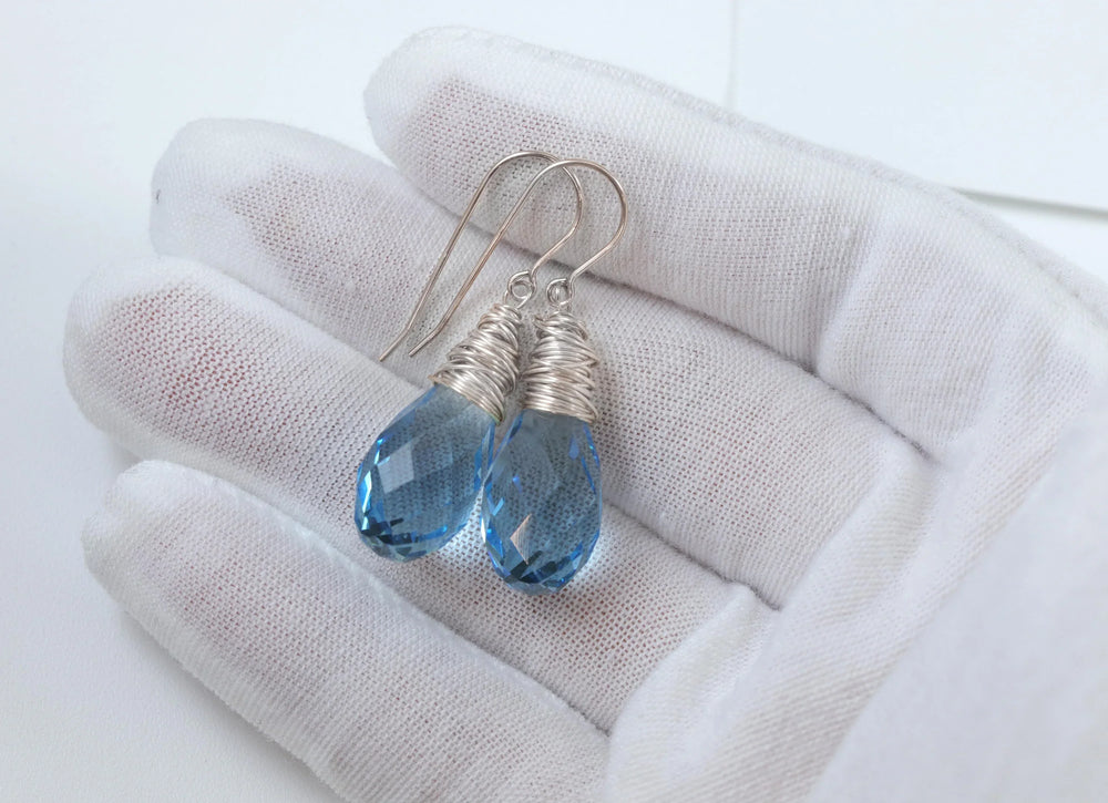 Spyglass Designs Wire Wrap Earrings created with Aqua Aquamarine Blue Crystals 14k Solid Gold or Sterling Silver Lg Dangles - Spyglass Designs