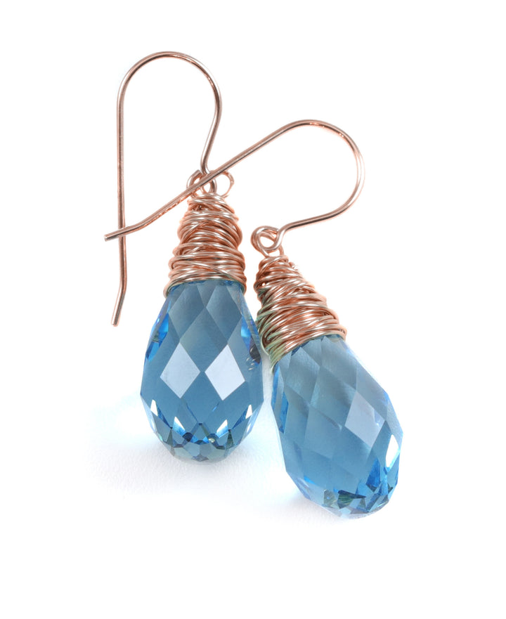 Spyglass Designs Wire Wrap Earrings created with Aqua Aquamarine Blue Crystals from Swarovski ® 14k Solid Gold or Sterling Silver Lg Dangles