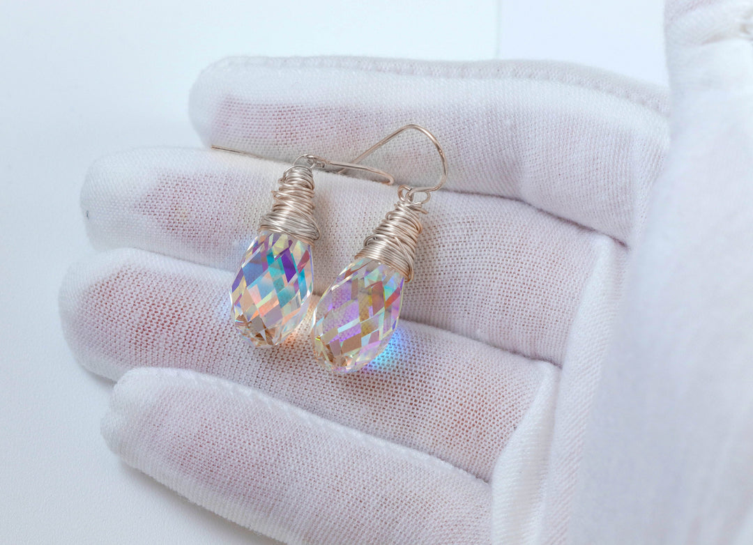 Spyglass Designs Wire Wrap Earrings created with Clear AB Crystals from Swarovski ® 14k Solid Gold or Sterling Silver Lg Briolette Dangles