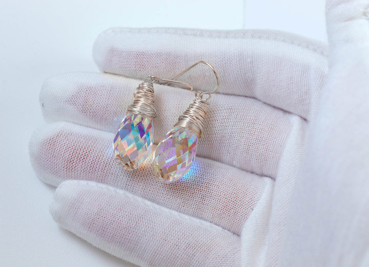Spyglass Designs Wire Wrap Earrings created with Clear AB Crystals from Swarovski ® 14k Solid Gold or Sterling Silver Lg Briolette Dangles