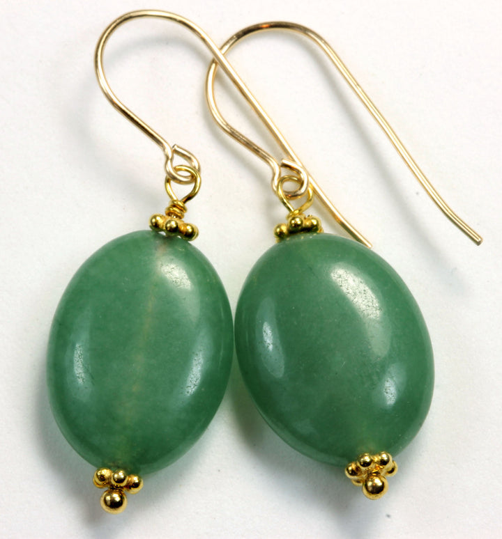 Green Siberian Jade Earrings Oval smooth dangle drop 14k gold filled or Sterling Silver Green Classic Drops Beaded Accent Spyglass Designs