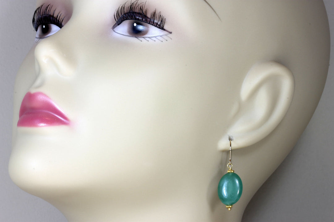 Green Siberian Jade Earrings Oval smooth dangle drop 14k gold filled or Sterling Silver Green Classic Drops Beaded Accent Spyglass Designs