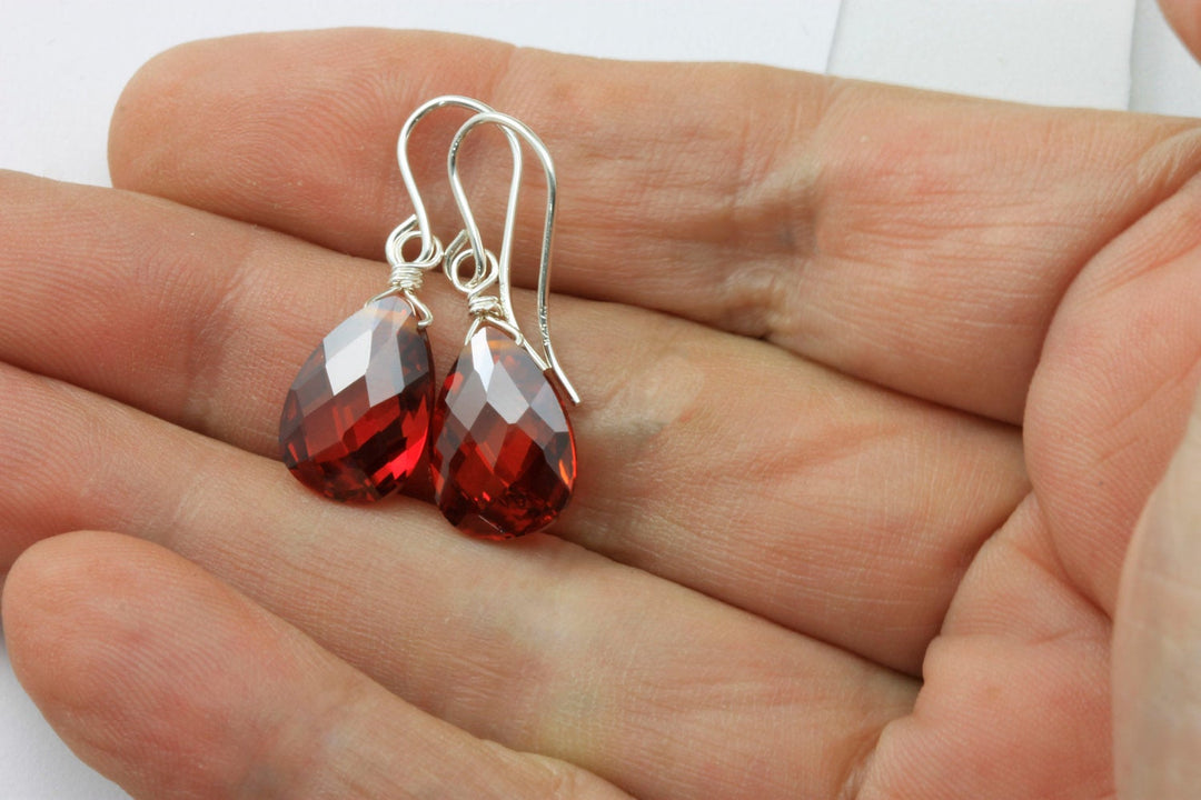 Garnet Red Cubic Zirconia Earrings Teardrop AAA CZ Briolette Sterling Silver or 14k Solid Gold or Filled Pear Faceted Simple Dainty Drops