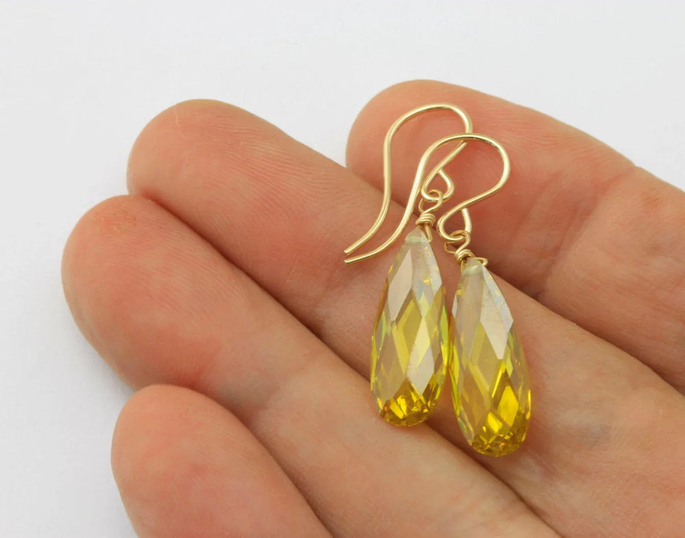 Canary Yellow Cubic Zirconia Earrings AAA CZ Long Dangle 14k solid gold or filled or Sterling Silver Everyday dainty drops faceted simple - Spyglass Designs
