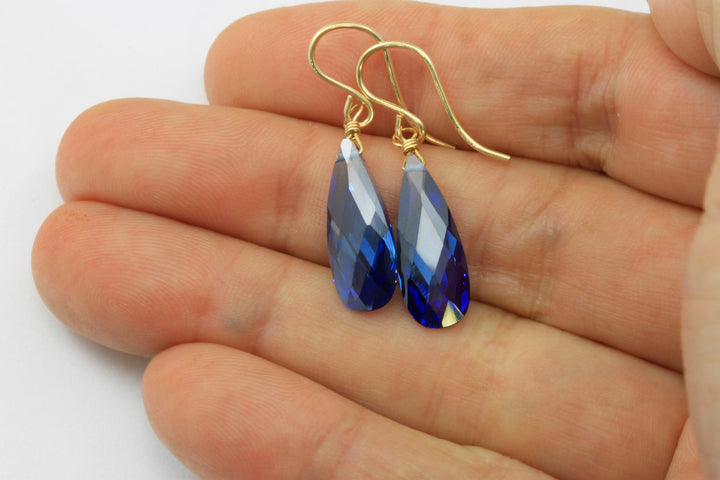 Sapphire Blue Cubic Zirconia Earrings Faceted Long Teardrop AAA CZ  Dangle 14k solid gold or filled or Sterling Silver Deep Royal Blue Drops