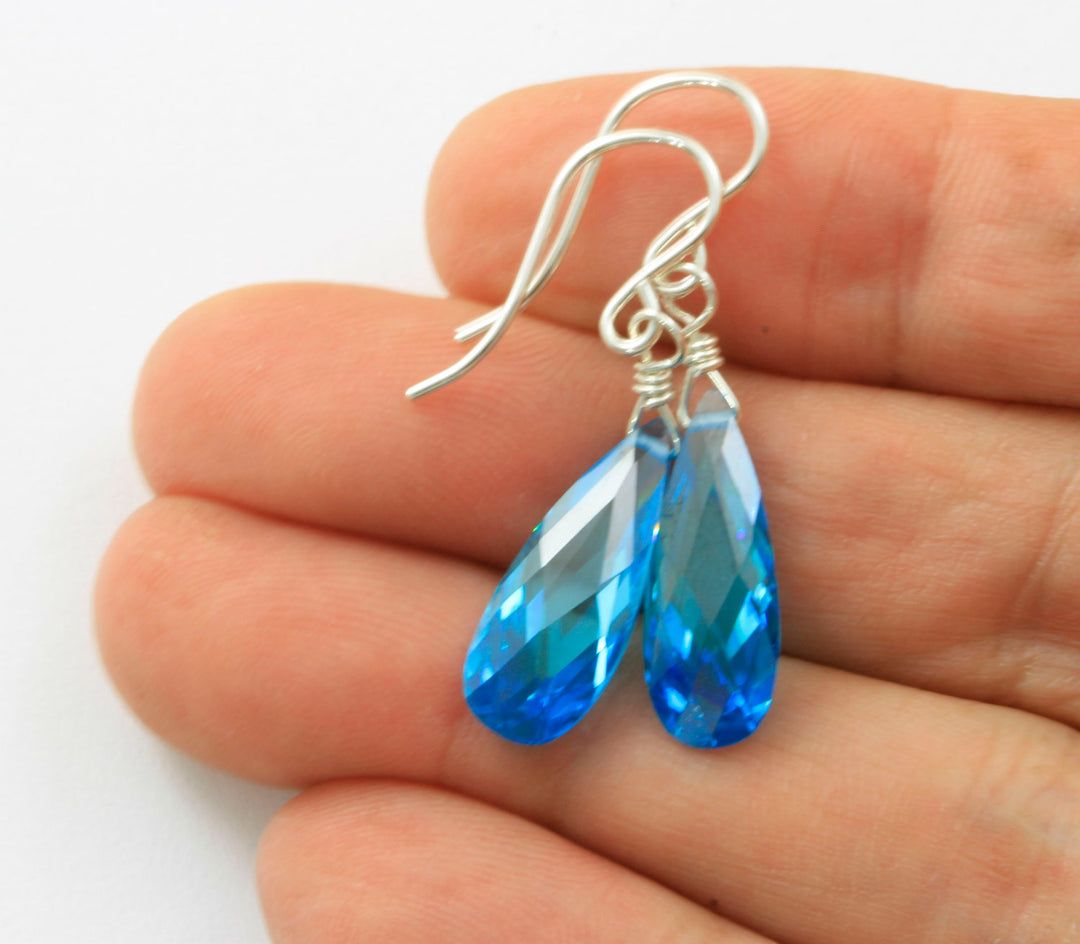Topaz Swiss Blue Cubic Zirconia Earrings Long Teardrop AAA CZ  Sterling Silver or 14k Solid Gold or Filled Faceted Long Simple Drop Spyglass