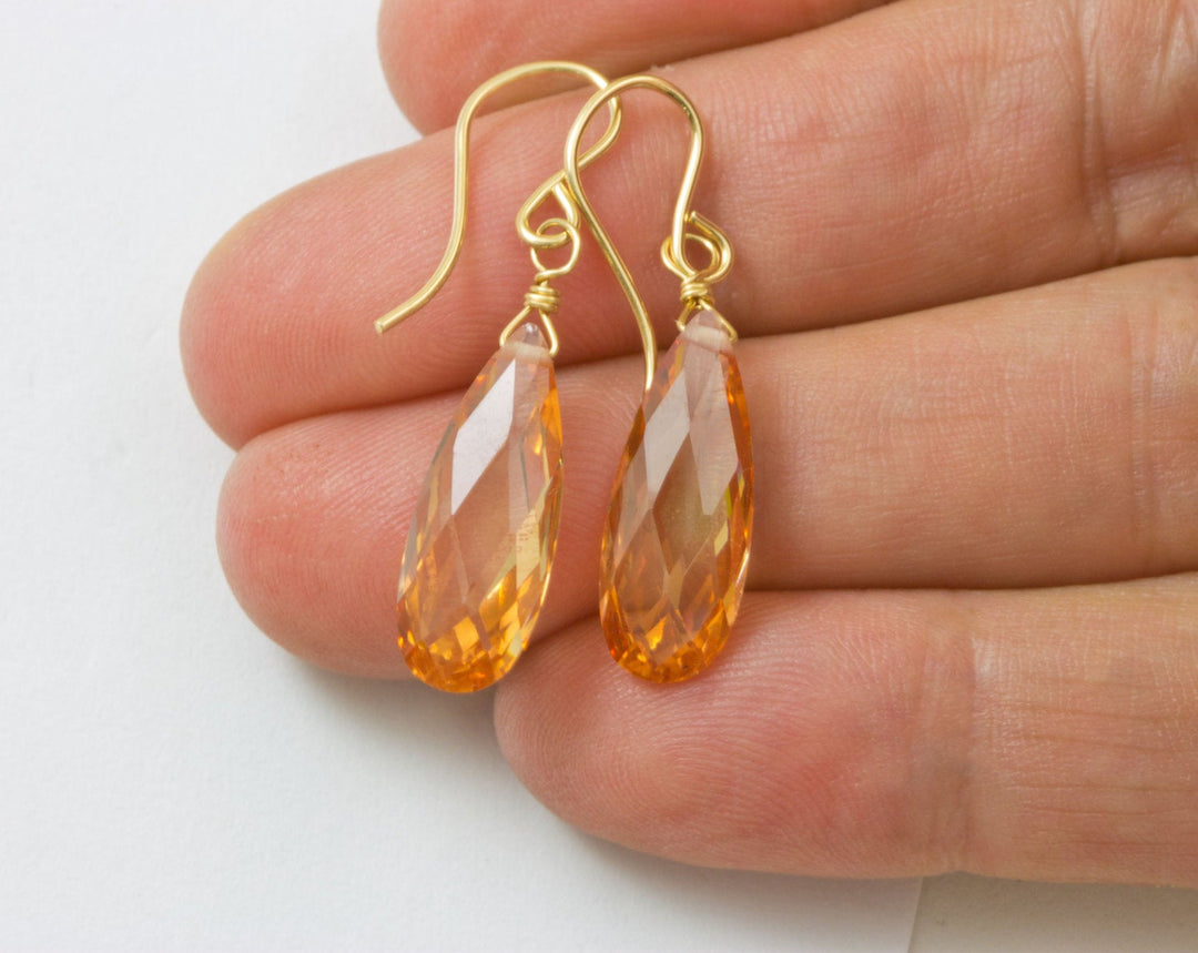 Peach Champagne Cognac Cubic Zirconia Earrings Faceted Long Teardrop CZ 14k Solid Gold or Filled or Sterling Silver Sim Diamond Dainty Drops