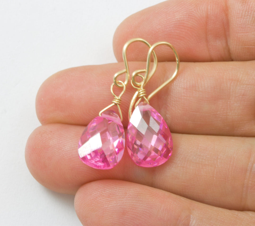 Sapphire Pink Earrings Cubic Zirconia Pear Teardrop AAA CZ 14k Solid Gold or Filled or Sterling Silver Faceted Simple Dainty Dangle Drops