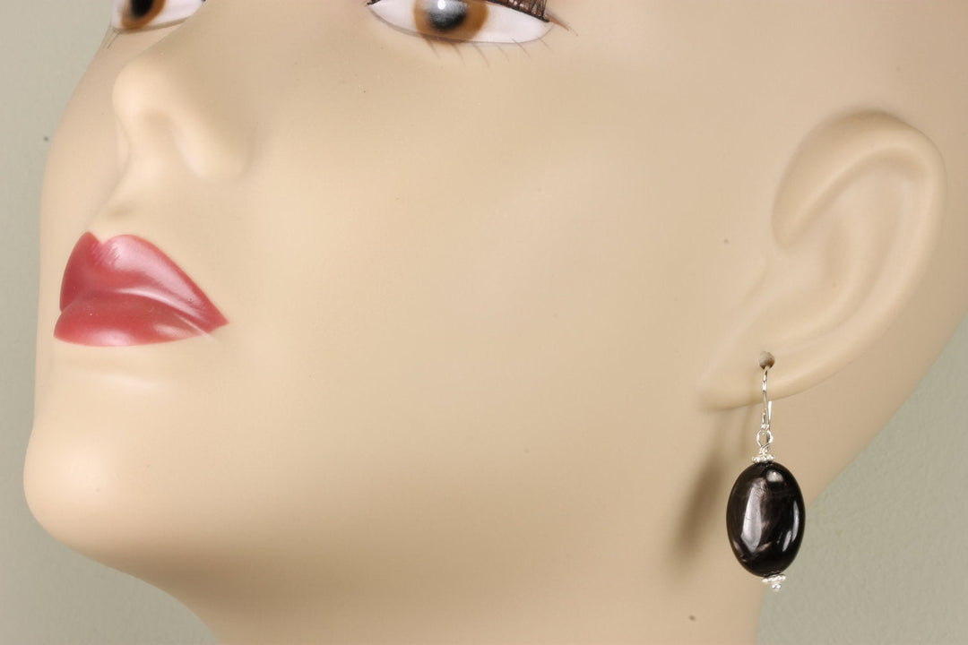 Black Hypersthene Earrings  Large Oval Shimmery Dangle Sterling Silver or 14k Solid Gold or Filled Simple Everyday Drops Unusual Natural