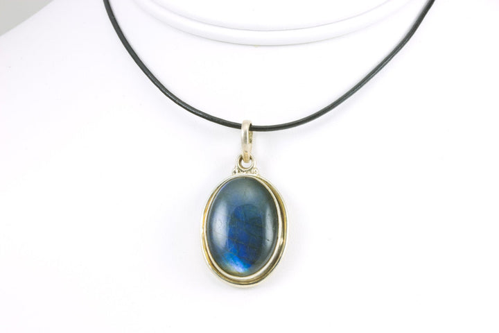 Labradorite Pendant Necklace Sterling Silver Oval Cabachon Bezel Set  Black Leather Necklace  Lobster Clasp 18 Inch Classic Simple Natural