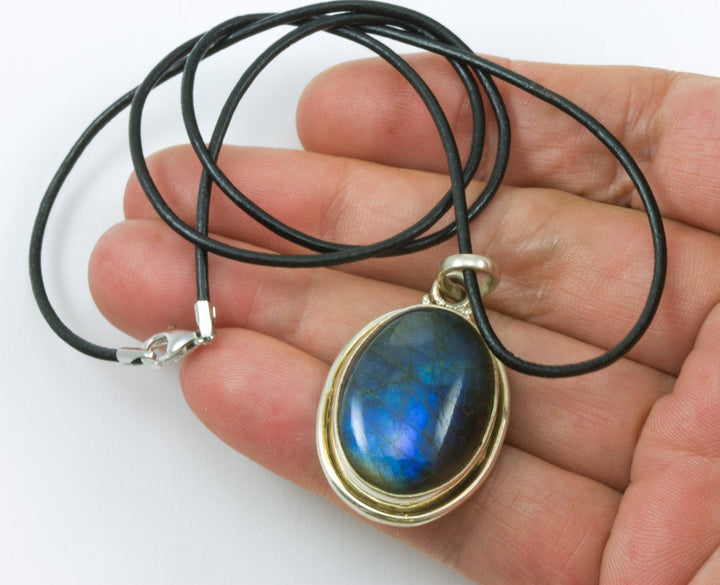 Labradorite Pendant Necklace Sterling Silver Oval Cabachon Bezel Set  Black Leather Necklace  Lobster Clasp 18 Inch Classic Simple Natural