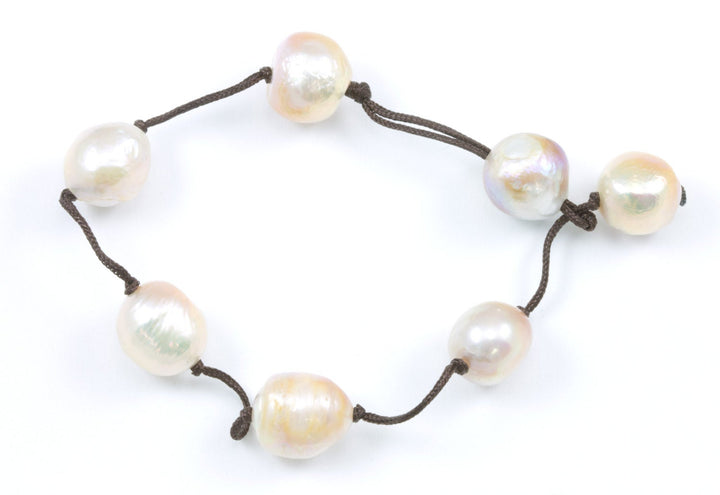 Pearl Bracelet Large Multi Color Peach Pink Freshwater Pearls Brown braided silk luster pearls Spyglass Designs Contemporary Daily 7 7.5 Inc