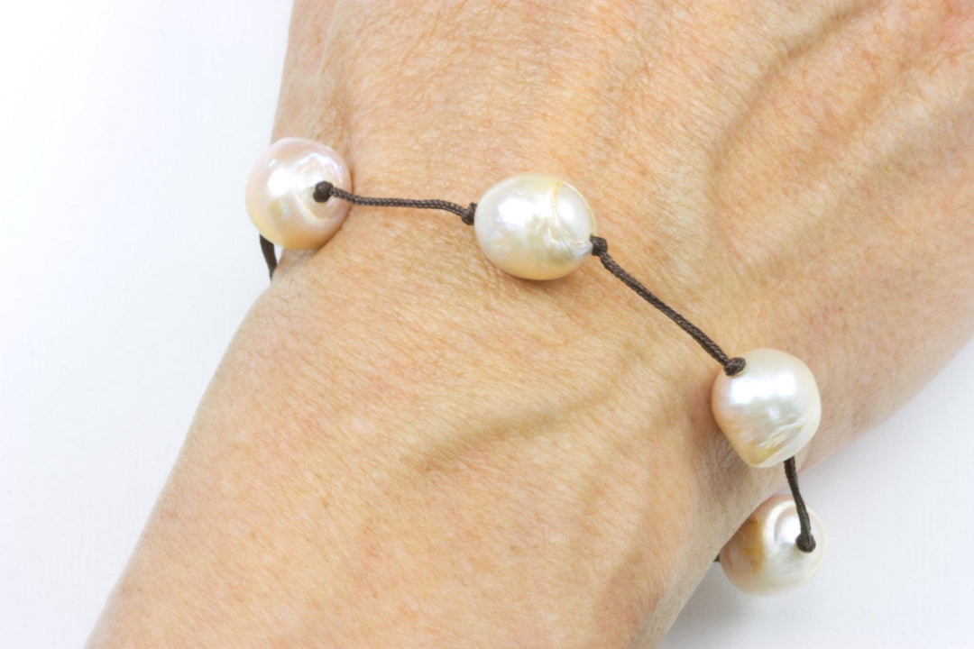 Pearl Bracelet Large Multi Color Peach Pink Freshwater Pearls Brown braided silk luster pearls Spyglass Designs Contemporary Daily 7 7.5 Inc