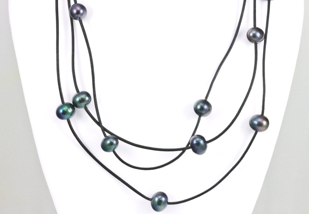 Pearl Necklace Large Black Peacock Freshwater Pearls Leather Necklace 62" Knotted Wrap High Luster Pearl Wrap Bracelet Spyglass Designs AAA